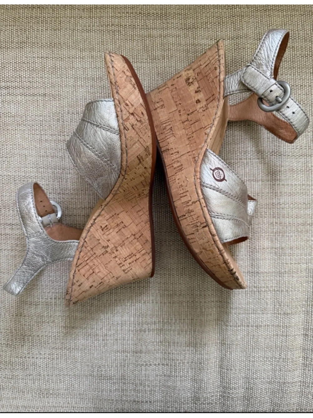 Born Metallic Leather Issa Sandals Cork Wedge Platform Sandals Heels 8/39